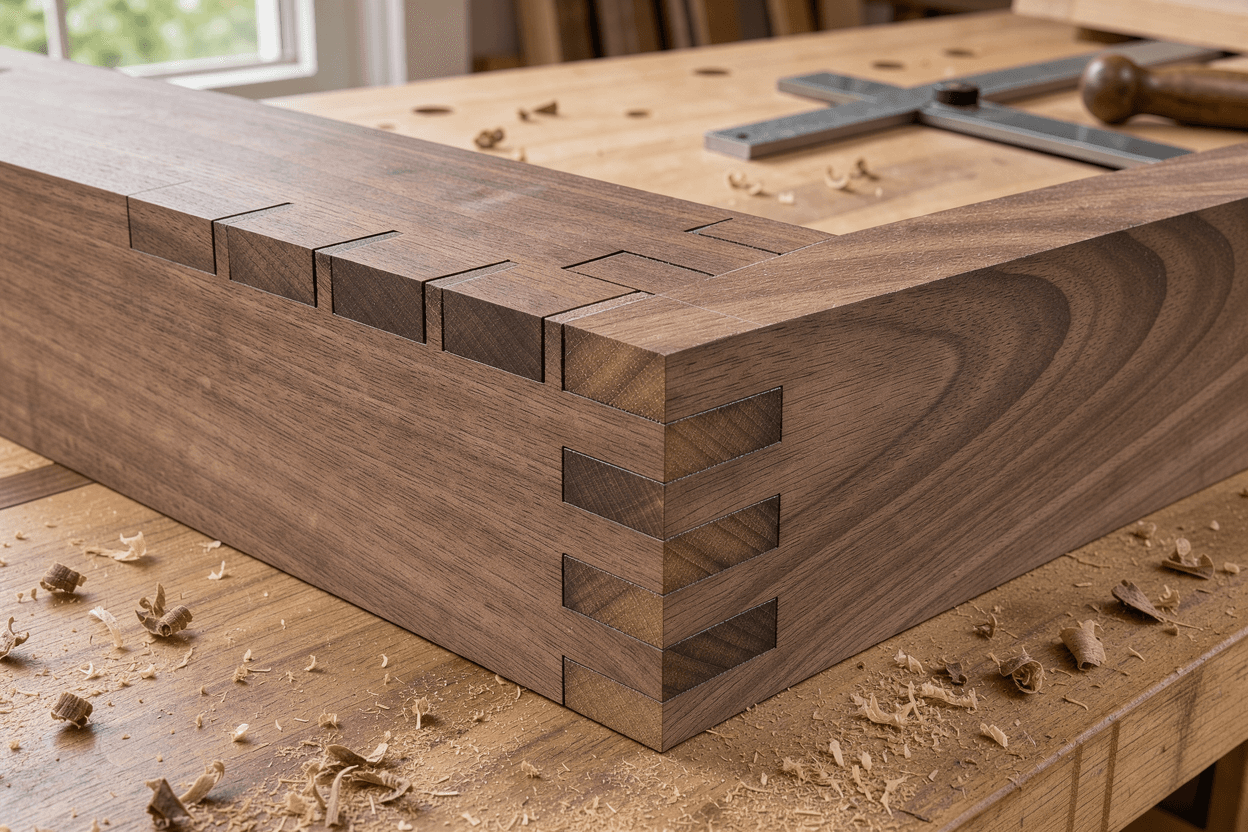 Close up of a dovetail joint in walnut