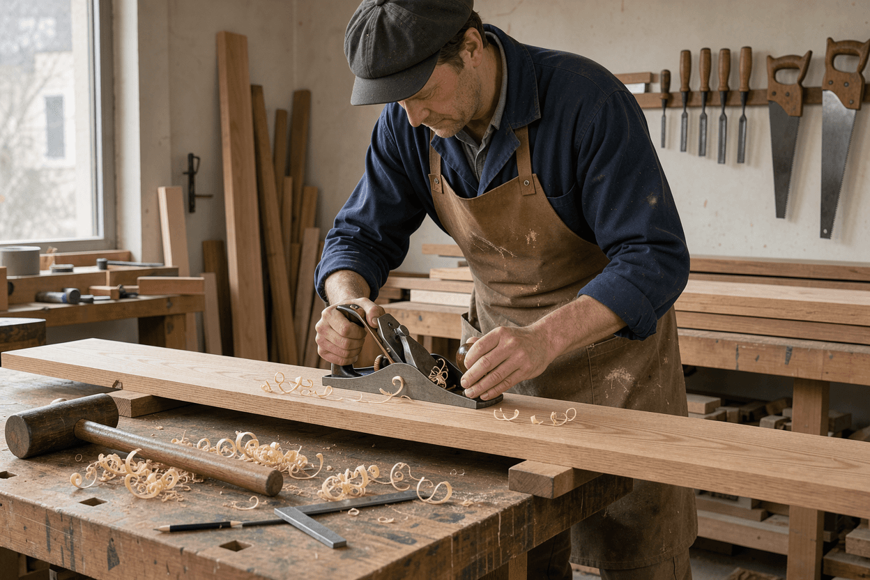 A craftsman planing a long oak board at a workbench
